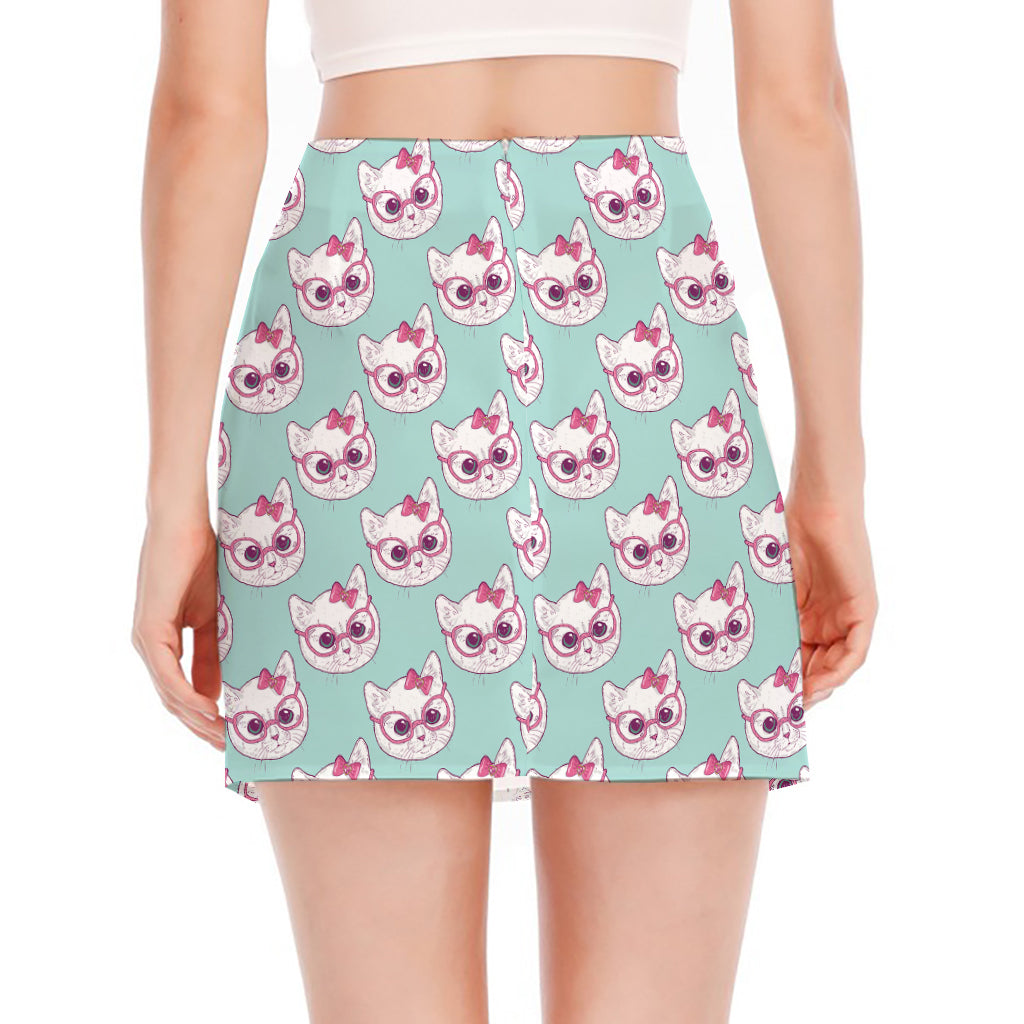 Girly Cat With Glasses Pattern Print Side Slit Mini Skirt