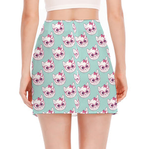 Girly Cat With Glasses Pattern Print Side Slit Mini Skirt