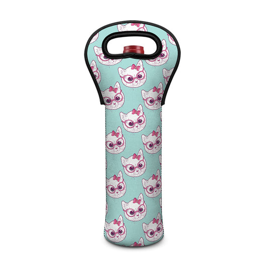 Girly Cat With Glasses Pattern Print Single Neoprene Wine Tote