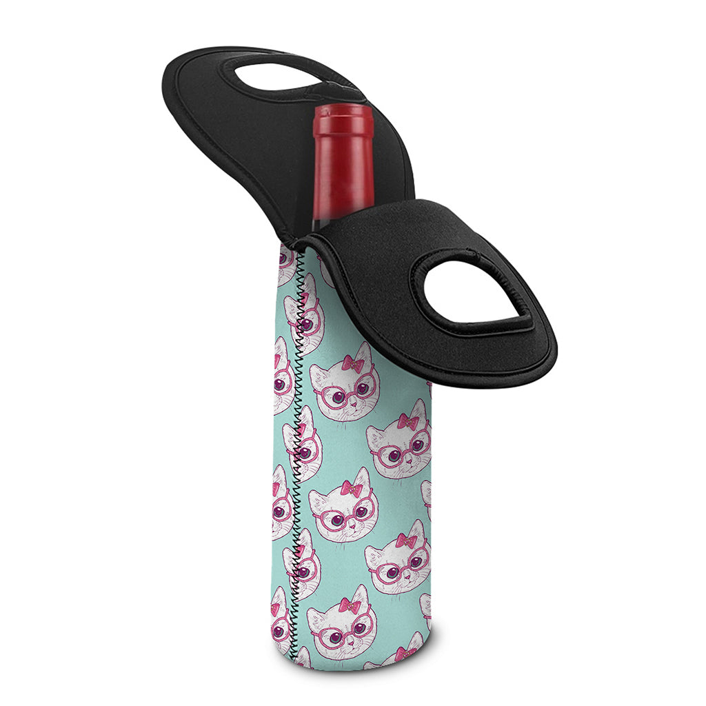 Girly Cat With Glasses Pattern Print Single Neoprene Wine Tote