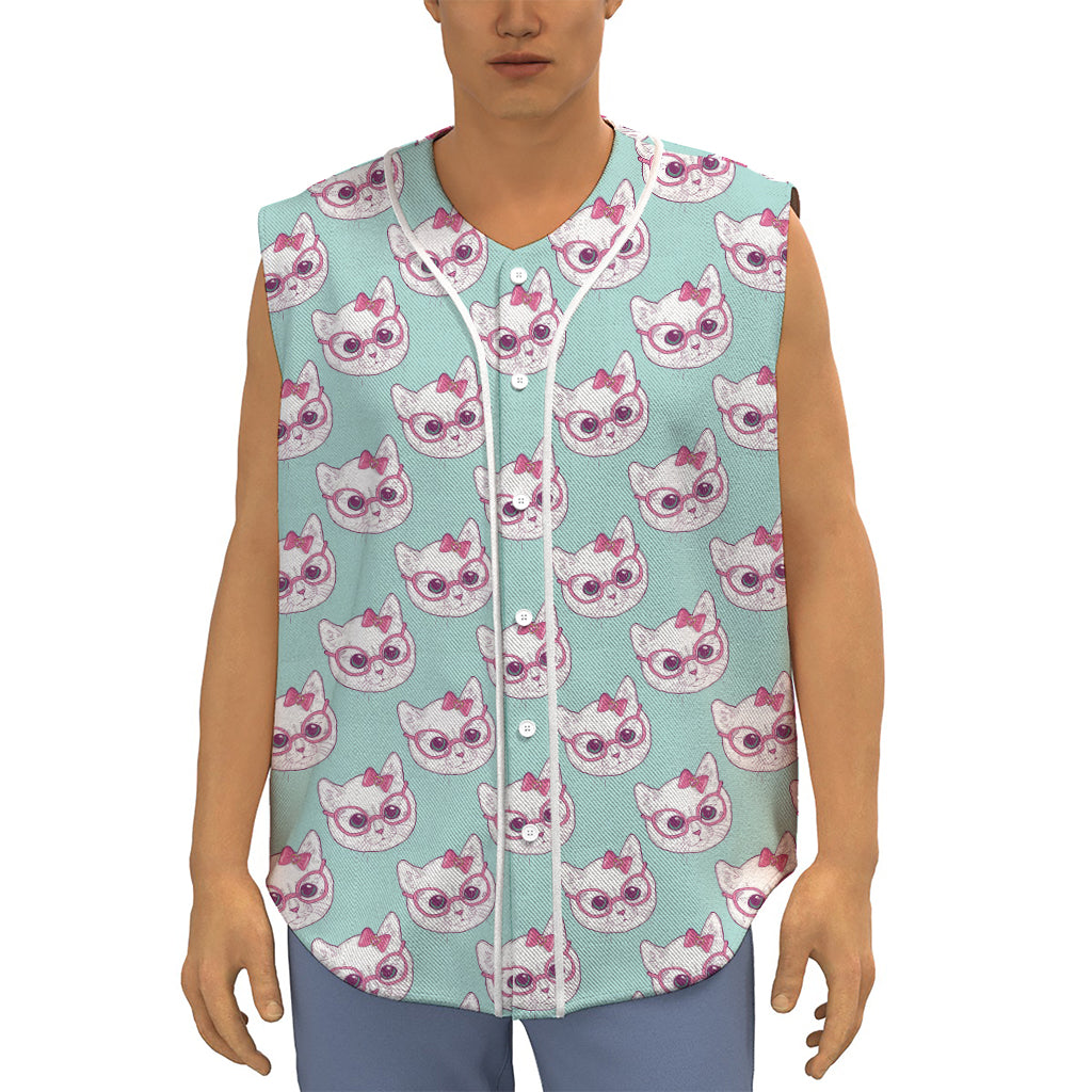 Girly Cat With Glasses Pattern Print Sleeveless Baseball Jersey