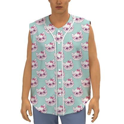 Girly Cat With Glasses Pattern Print Sleeveless Baseball Jersey