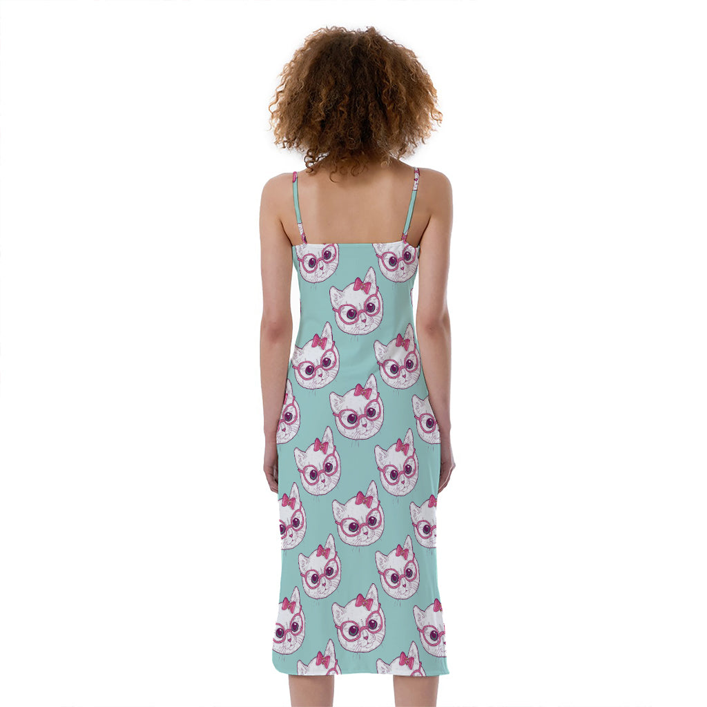 Girly Cat With Glasses Pattern Print Slim Fit Midi Cami Dress