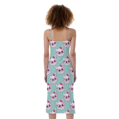 Girly Cat With Glasses Pattern Print Slim Fit Midi Cami Dress