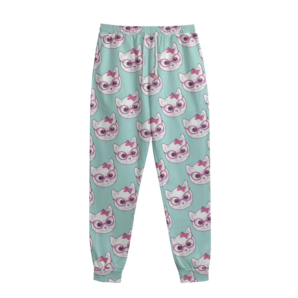 Girly Cat With Glasses Pattern Print Sweatpants