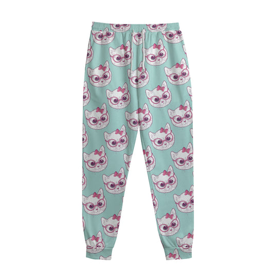 Girly Cat With Glasses Pattern Print Sweatpants