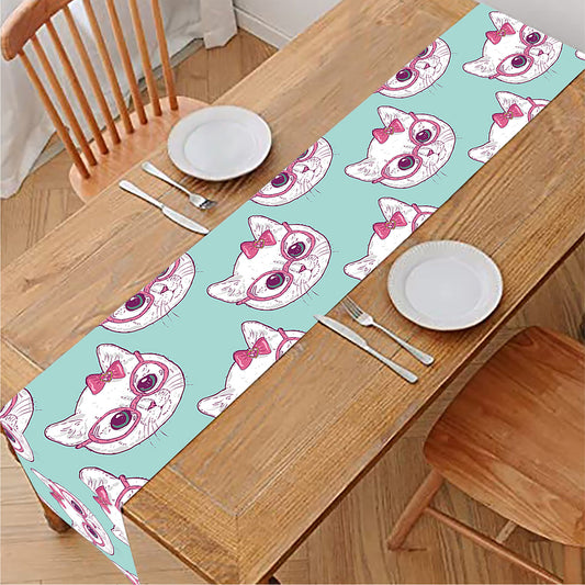 Girly Cat With Glasses Pattern Print Table Runner