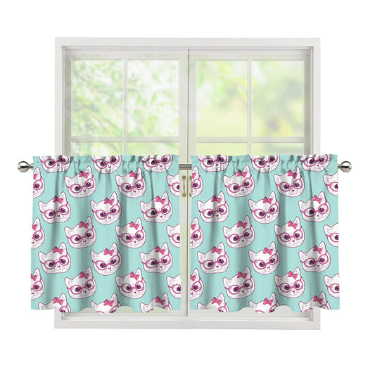 Girly Cat With Glasses Pattern Print Tier Curtains