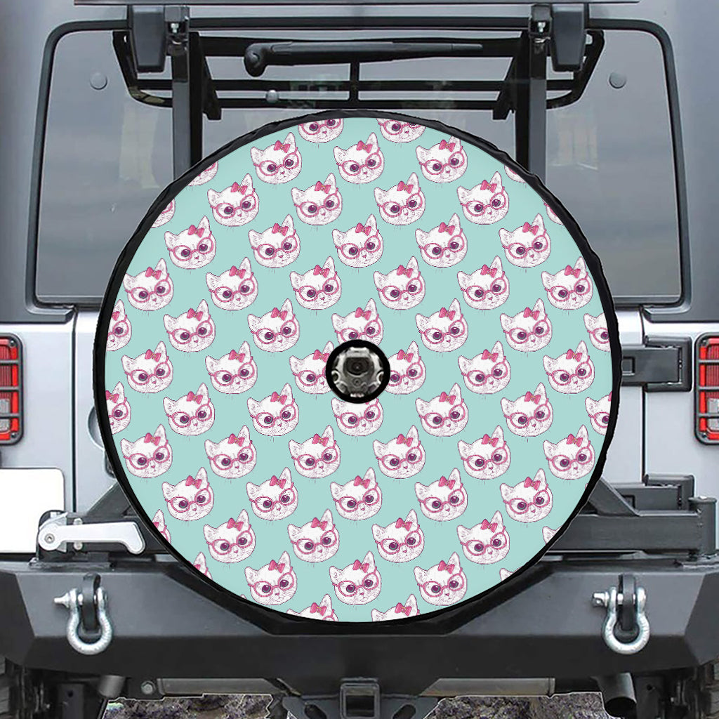 Girly Cat With Glasses Pattern Print Tire Cover With Camera Hole