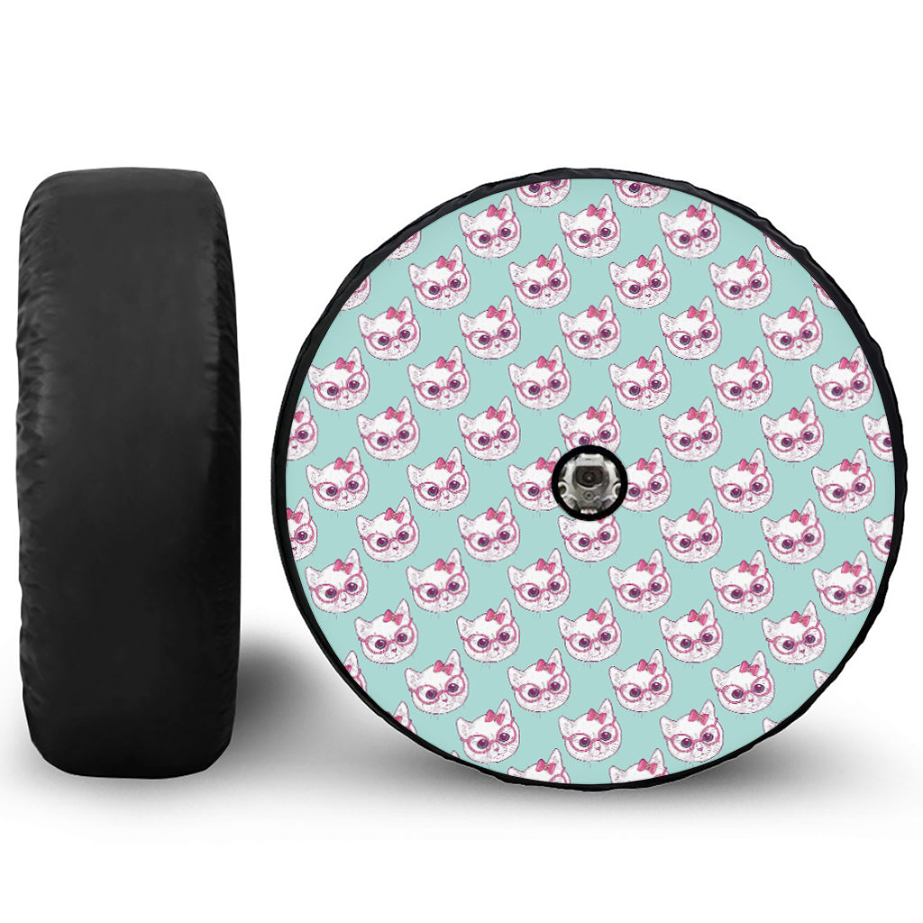 Girly Cat With Glasses Pattern Print Tire Cover With Camera Hole