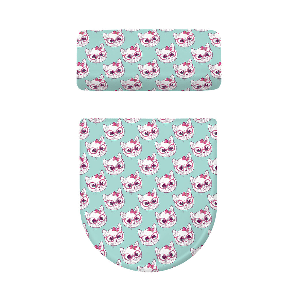 Girly Cat With Glasses Pattern Print Toilet Lid And Tank Cover Set