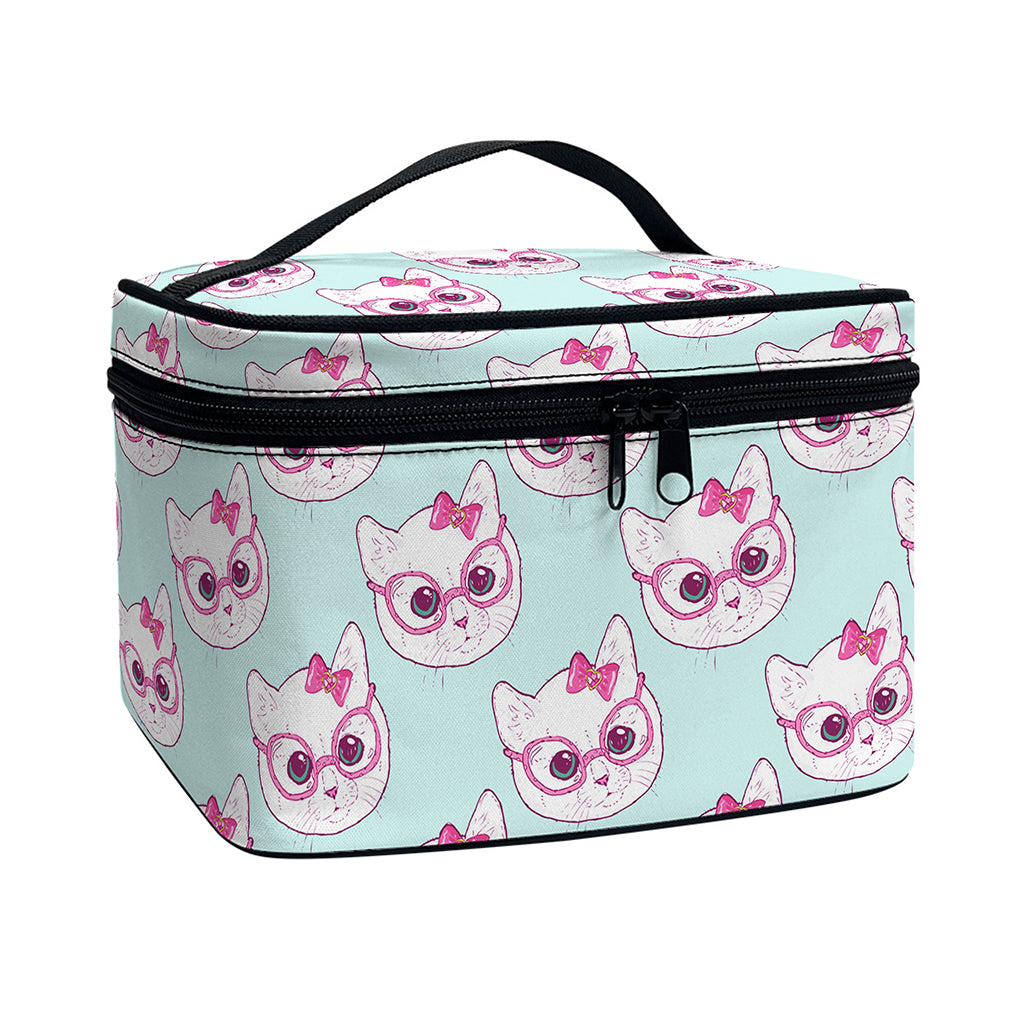 Girly Cat With Glasses Pattern Print Travel Makeup Bag
