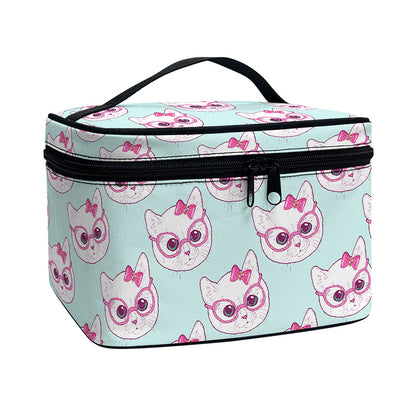 Girly Cat With Glasses Pattern Print Travel Makeup Bag