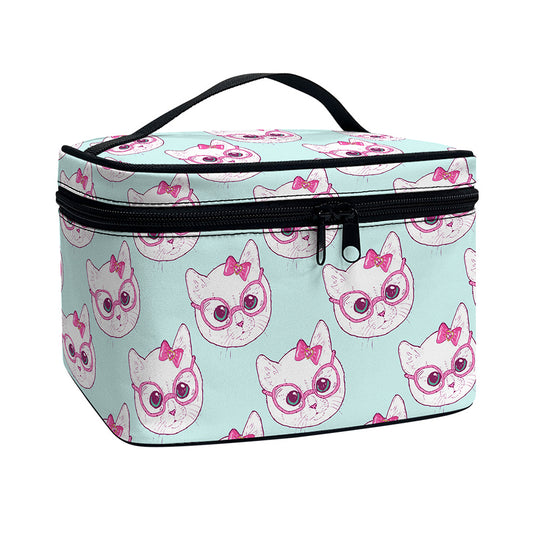 Girly Cat With Glasses Pattern Print Travel Makeup Bag