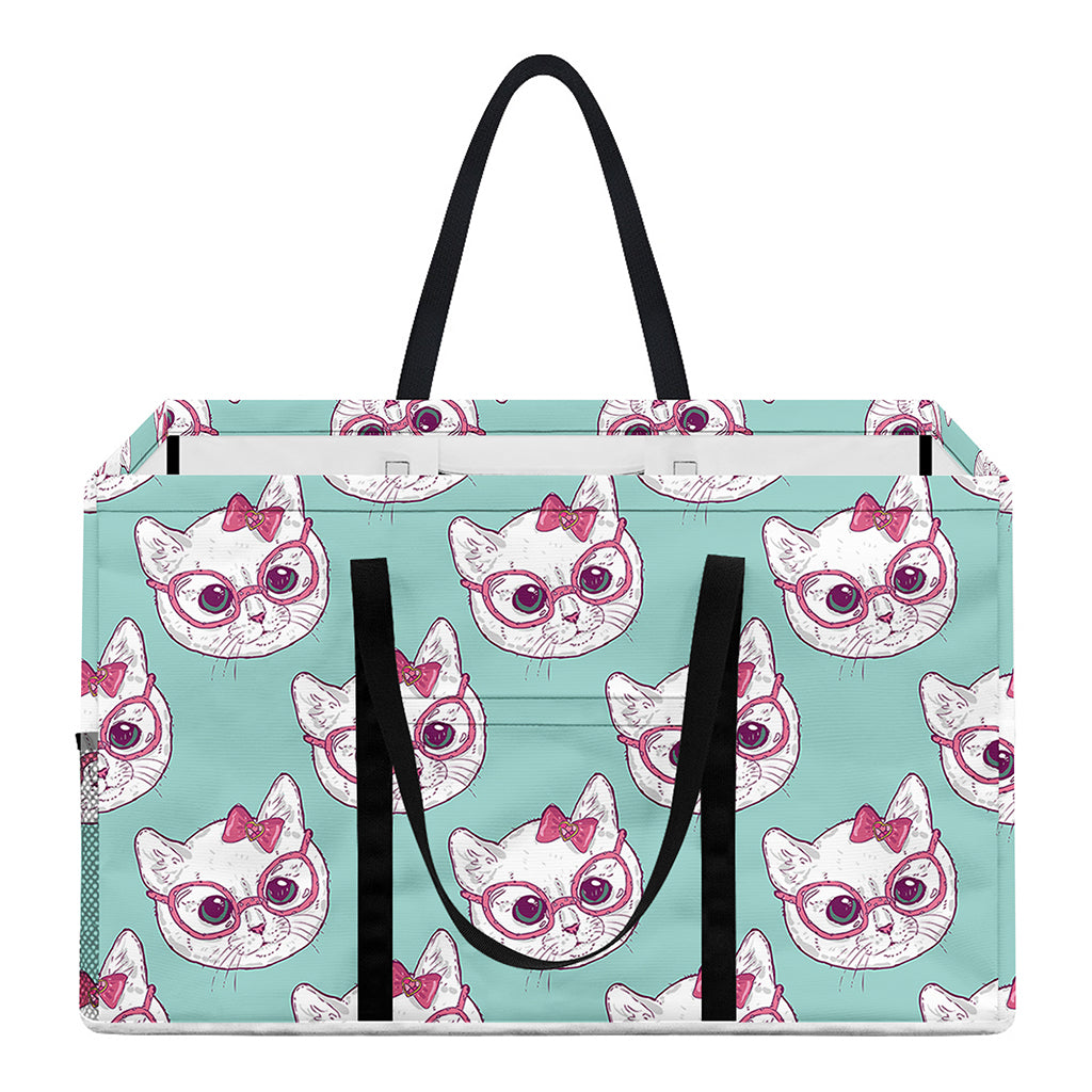Girly Cat With Glasses Pattern Print Utility Tote Bag