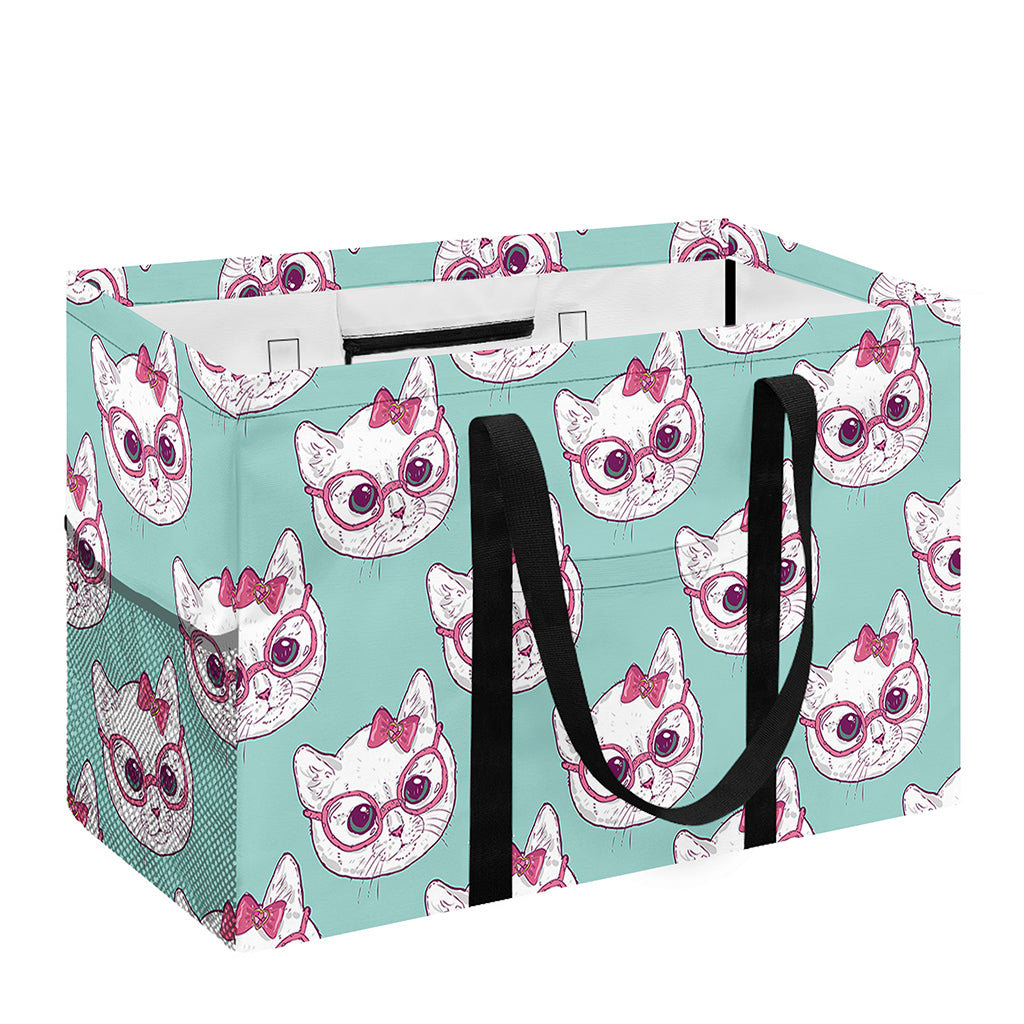 Girly Cat With Glasses Pattern Print Utility Tote Bag
