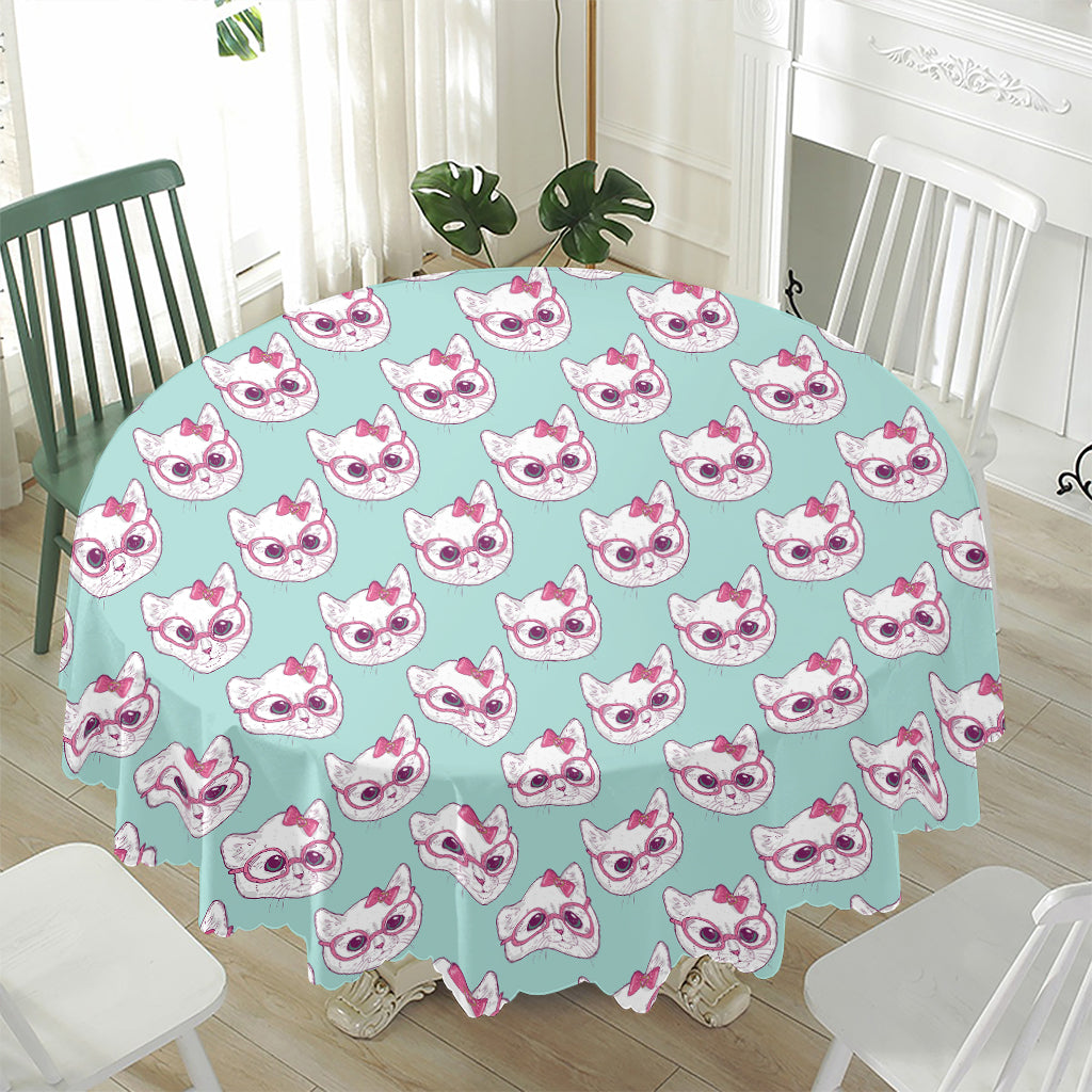 Girly Cat With Glasses Pattern Print Waterproof Round Tablecloth