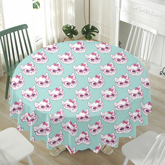Girly Cat With Glasses Pattern Print Waterproof Round Tablecloth