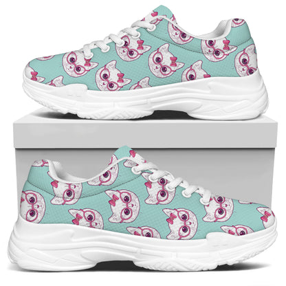 Girly Cat With Glasses Pattern Print White Chunky Shoes