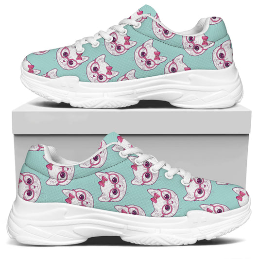 Girly Cat With Glasses Pattern Print White Chunky Shoes