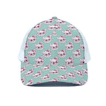 Girly Cat With Glasses Pattern Print White Mesh Trucker Cap