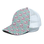 Girly Cat With Glasses Pattern Print White Mesh Trucker Cap