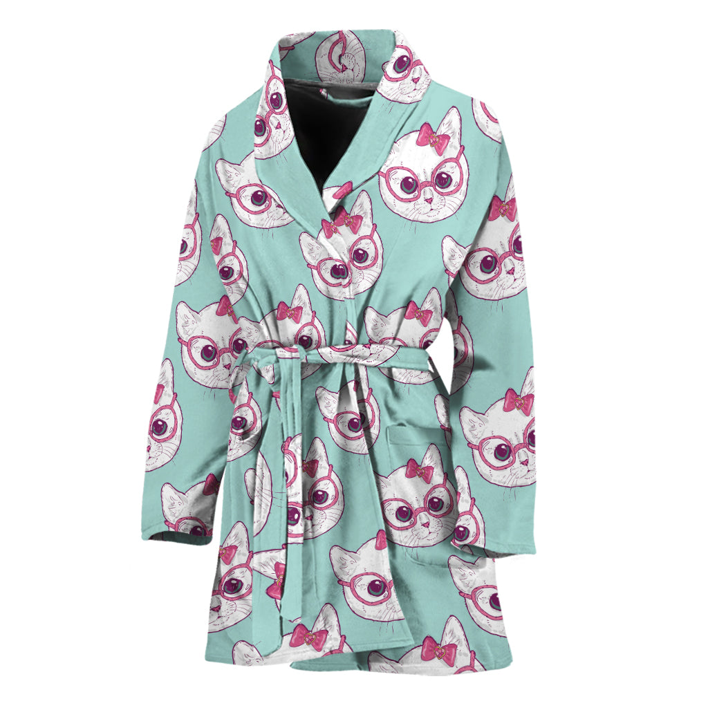 Girly Cat With Glasses Pattern Print Women's Bathrobe
