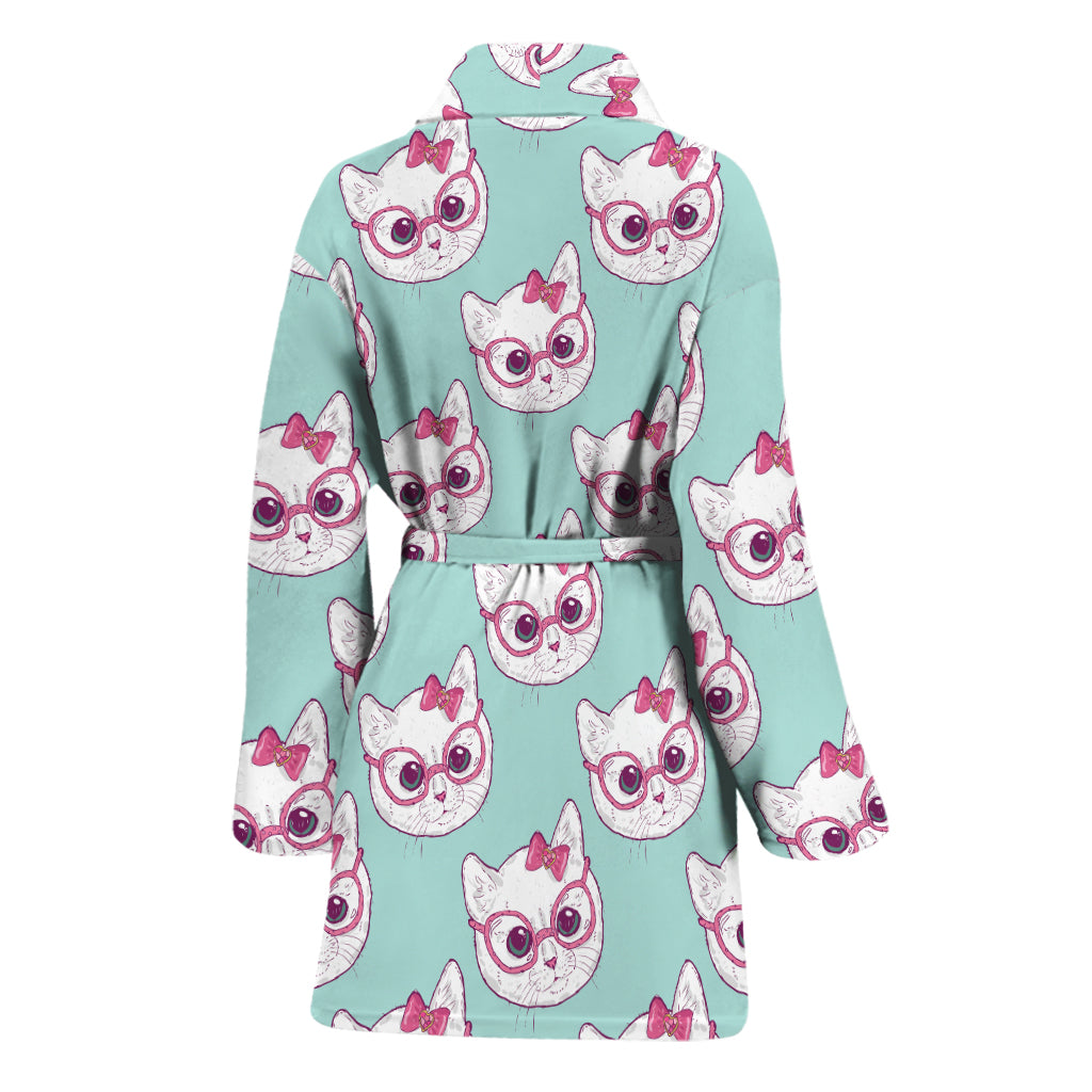Girly Cat With Glasses Pattern Print Women's Bathrobe