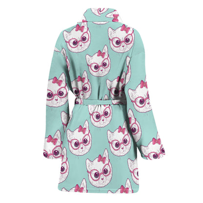 Girly Cat With Glasses Pattern Print Women's Bathrobe