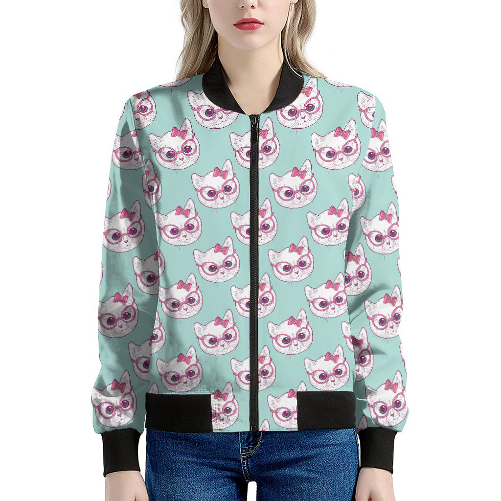 Girly Cat With Glasses Pattern Print Women's Bomber Jacket