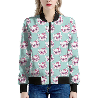 Girly Cat With Glasses Pattern Print Women's Bomber Jacket
