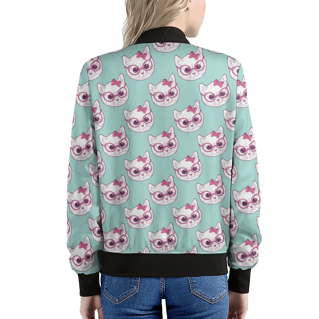 Girly Cat With Glasses Pattern Print Women's Bomber Jacket
