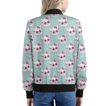 Girly Cat With Glasses Pattern Print Women's Bomber Jacket