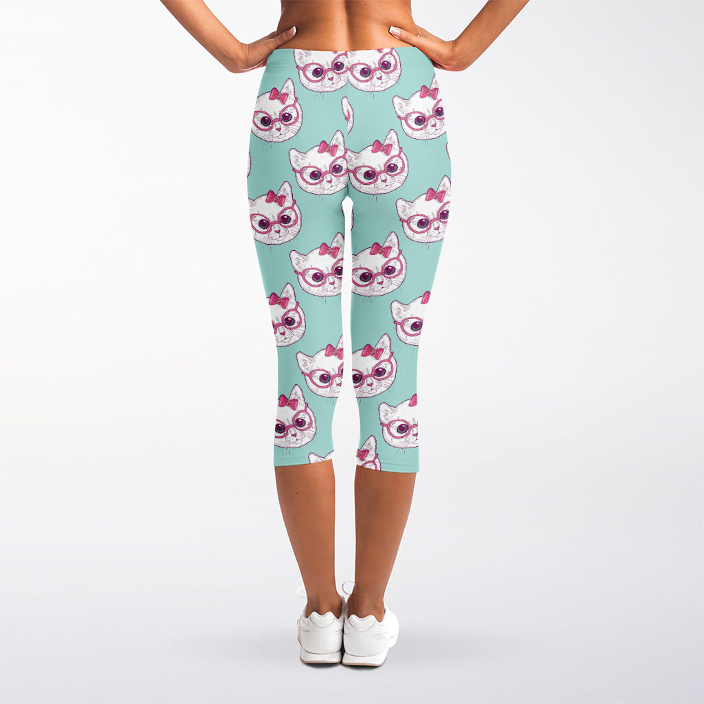 Girly Cat With Glasses Pattern Print Women's Capri Leggings