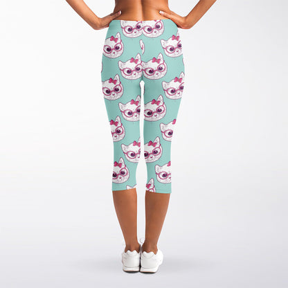 Girly Cat With Glasses Pattern Print Women's Capri Leggings