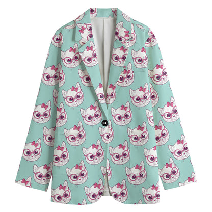Girly Cat With Glasses Pattern Print Women's Cotton Blazer