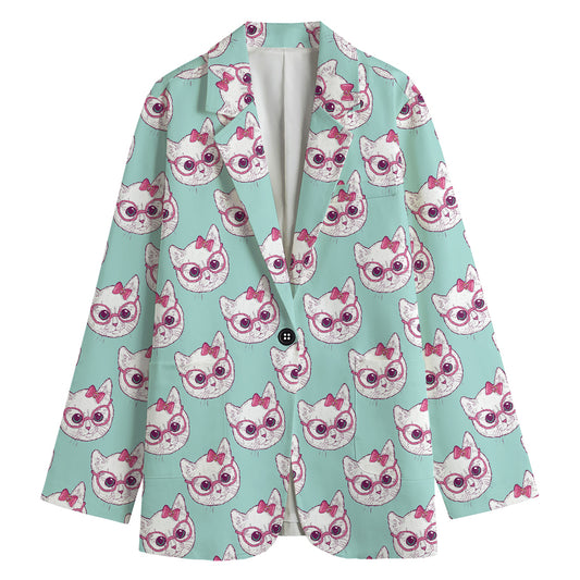 Girly Cat With Glasses Pattern Print Women's Cotton Blazer
