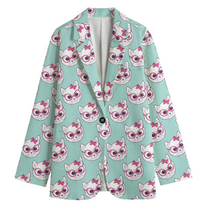 Girly Cat With Glasses Pattern Print Women's Cotton Blazer