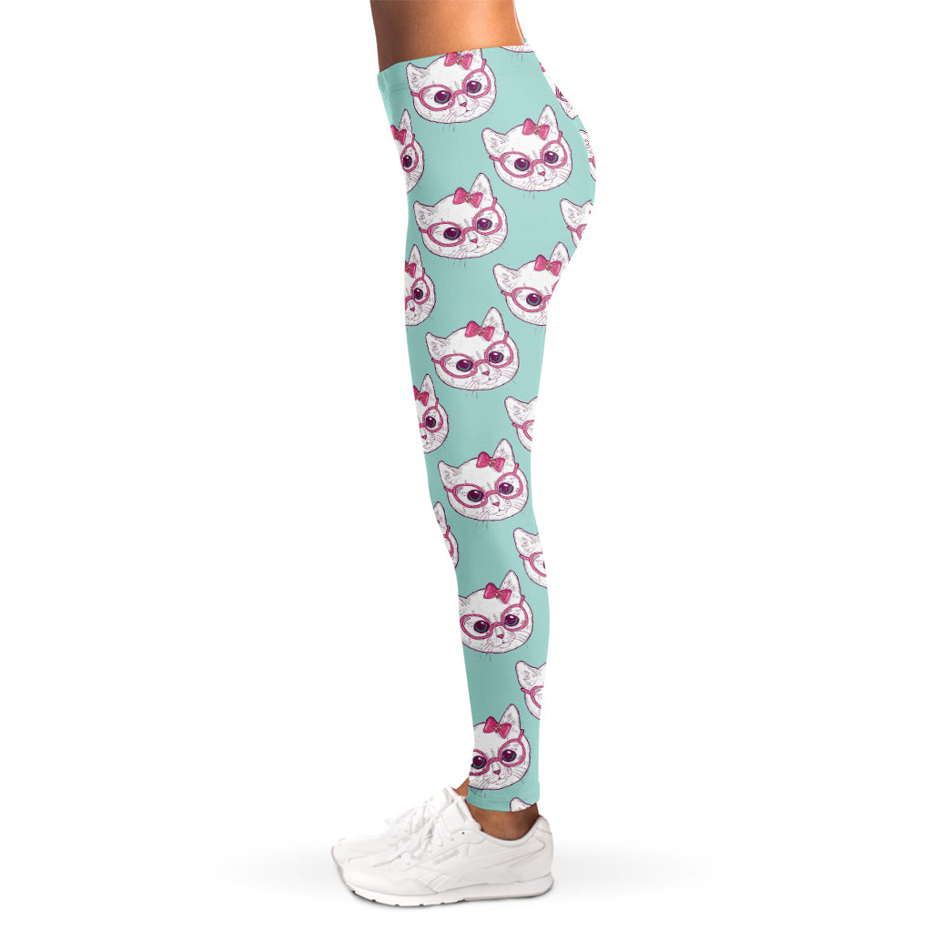 Girly Cat With Glasses Pattern Print Women's Leggings