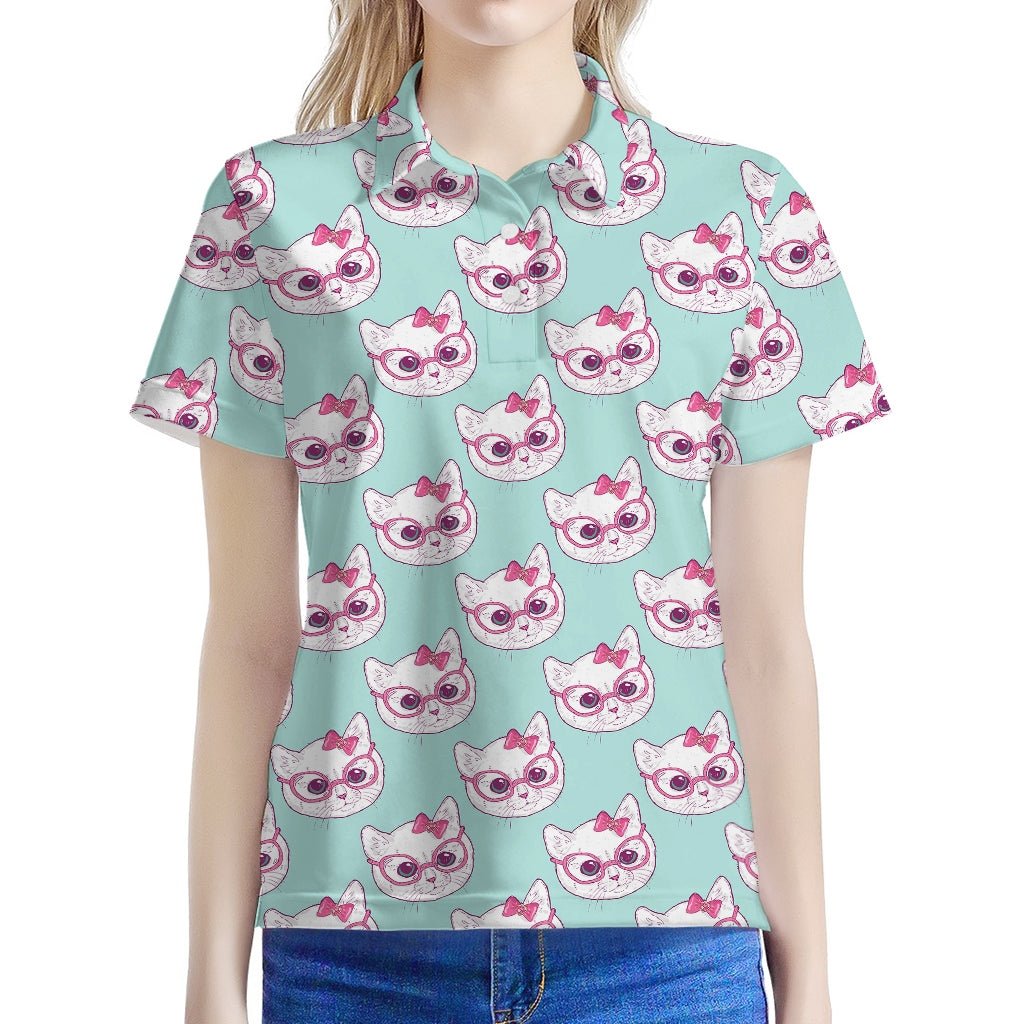 Girly Cat With Glasses Pattern Print Women's Polo Shirt