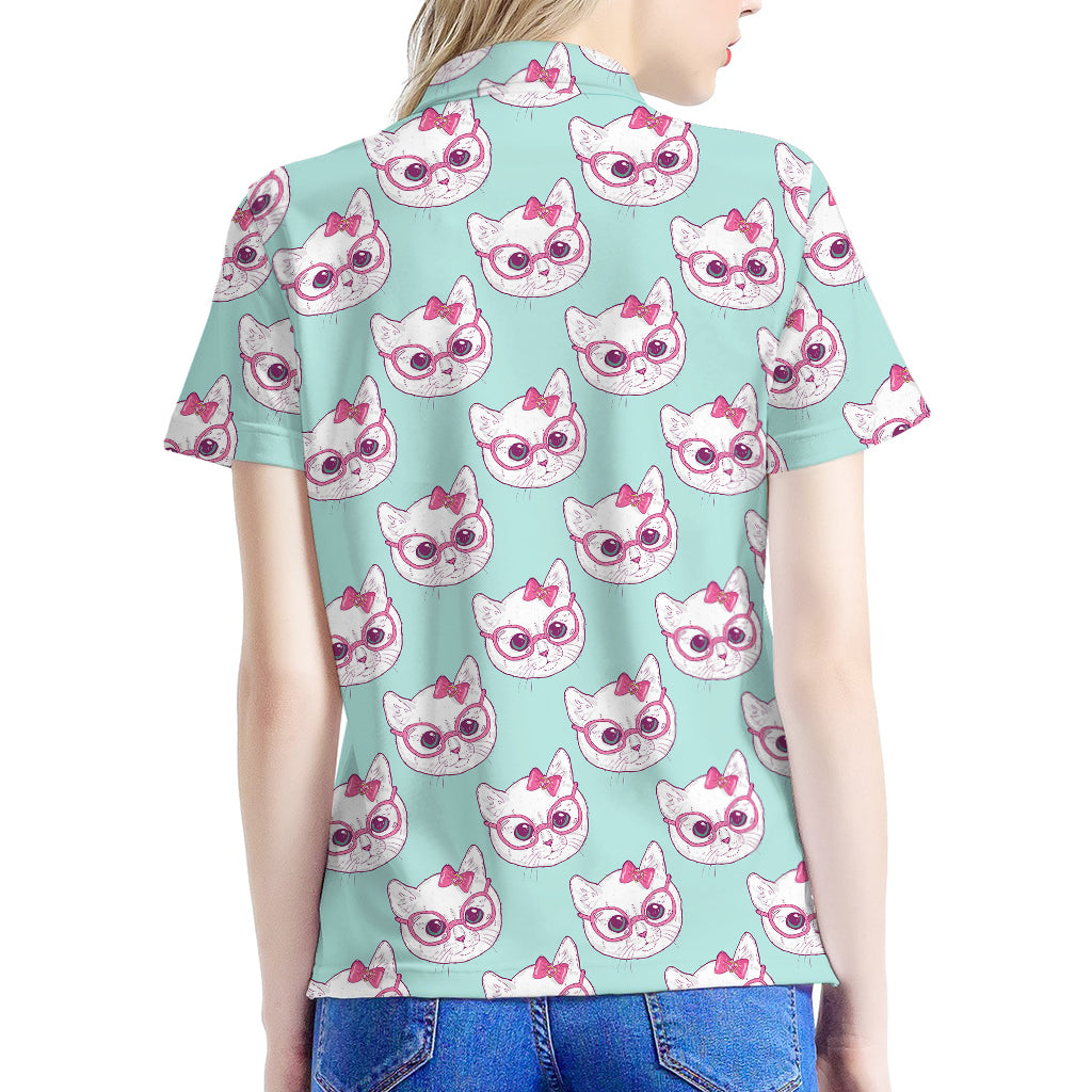 Girly Cat With Glasses Pattern Print Women's Polo Shirt