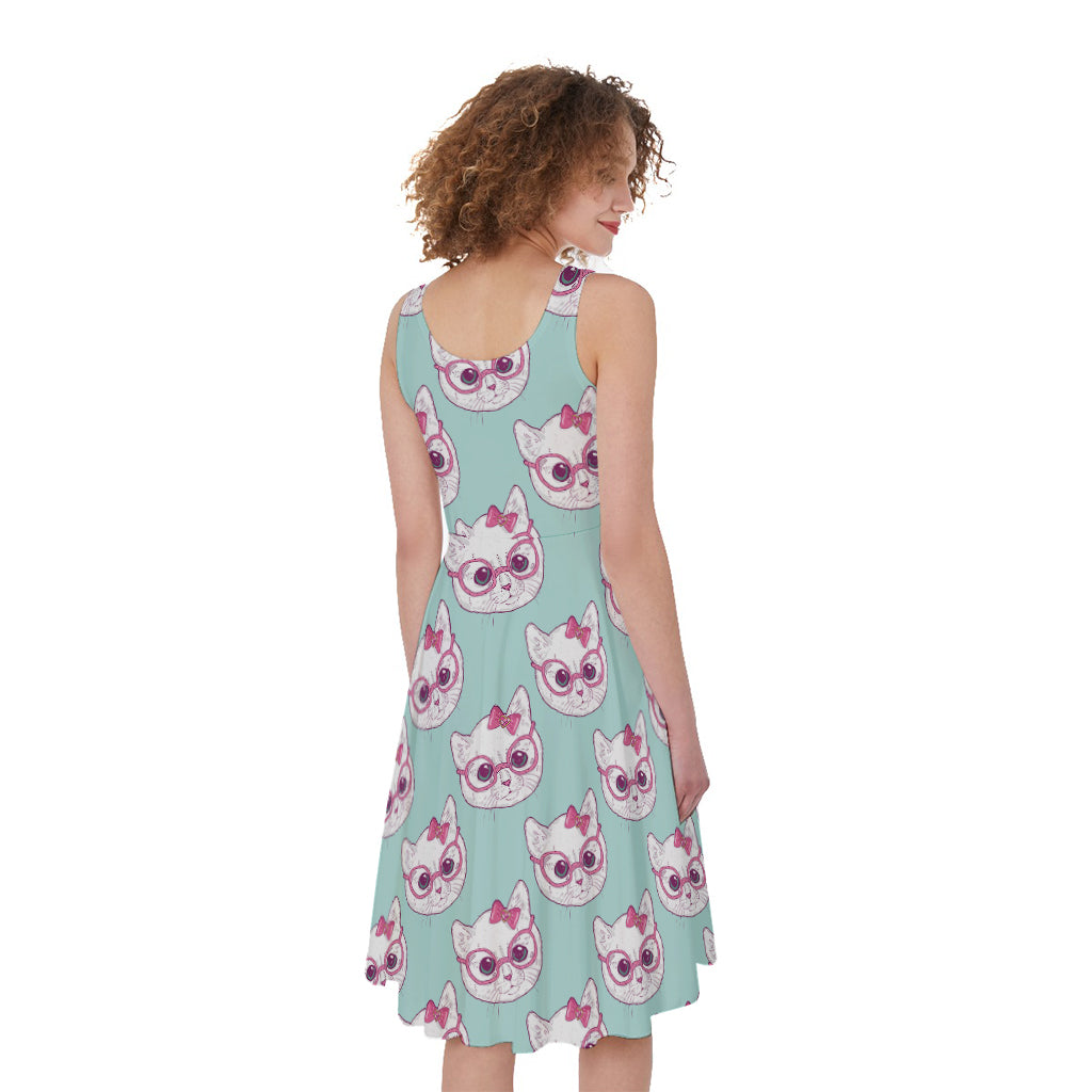 Girly Cat With Glasses Pattern Print Women's Sleeveless Dress