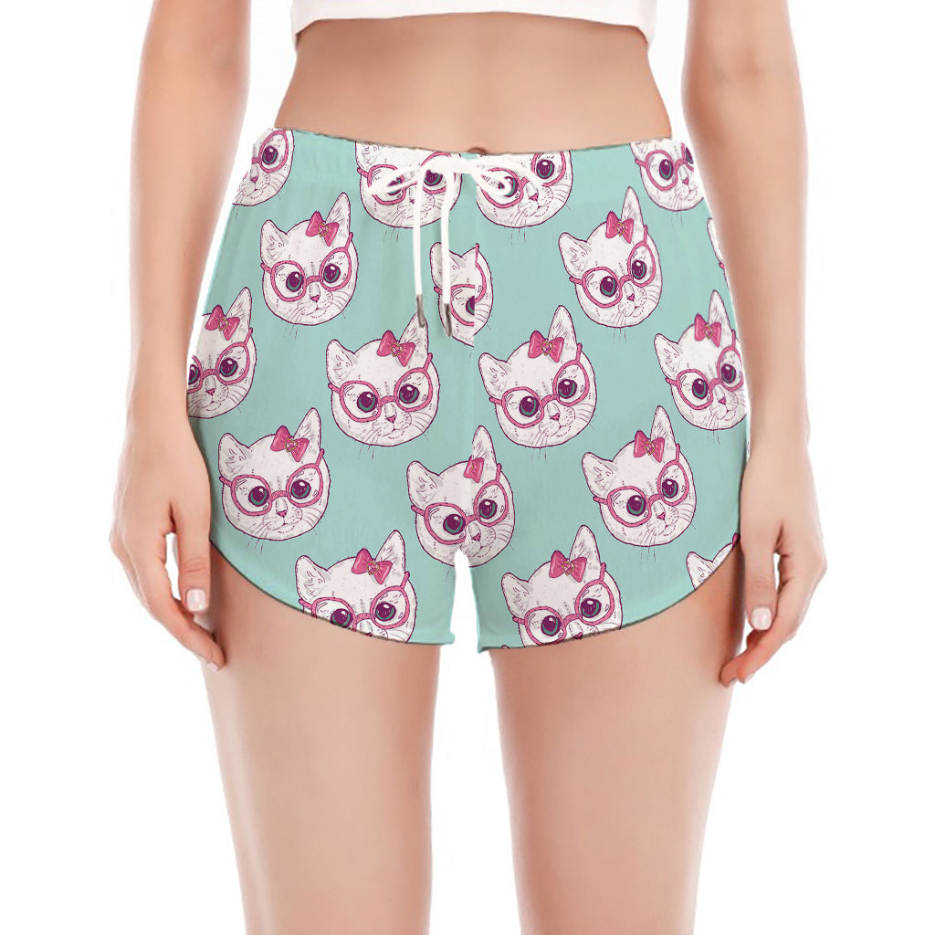 Girly Cat With Glasses Pattern Print Women's Split Running Shorts