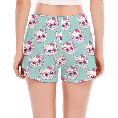 Girly Cat With Glasses Pattern Print Women's Split Running Shorts