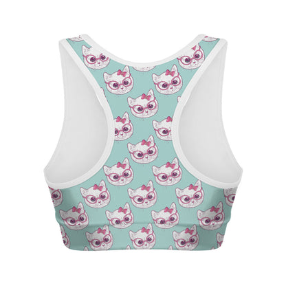 Girly Cat With Glasses Pattern Print Women's Sports Bra