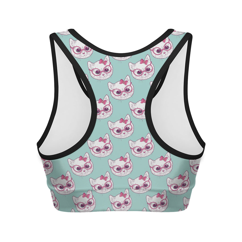 Girly Cat With Glasses Pattern Print Women's Sports Bra