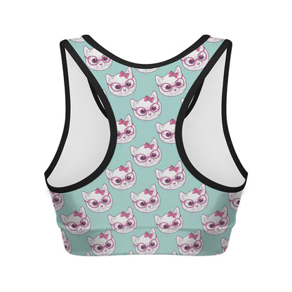 Girly Cat With Glasses Pattern Print Women's Sports Bra