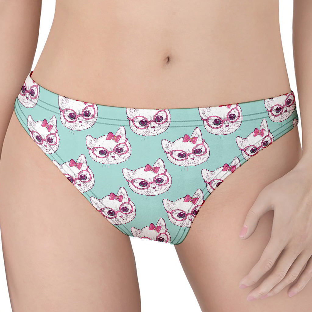 Girly Cat With Glasses Pattern Print Women's Thong