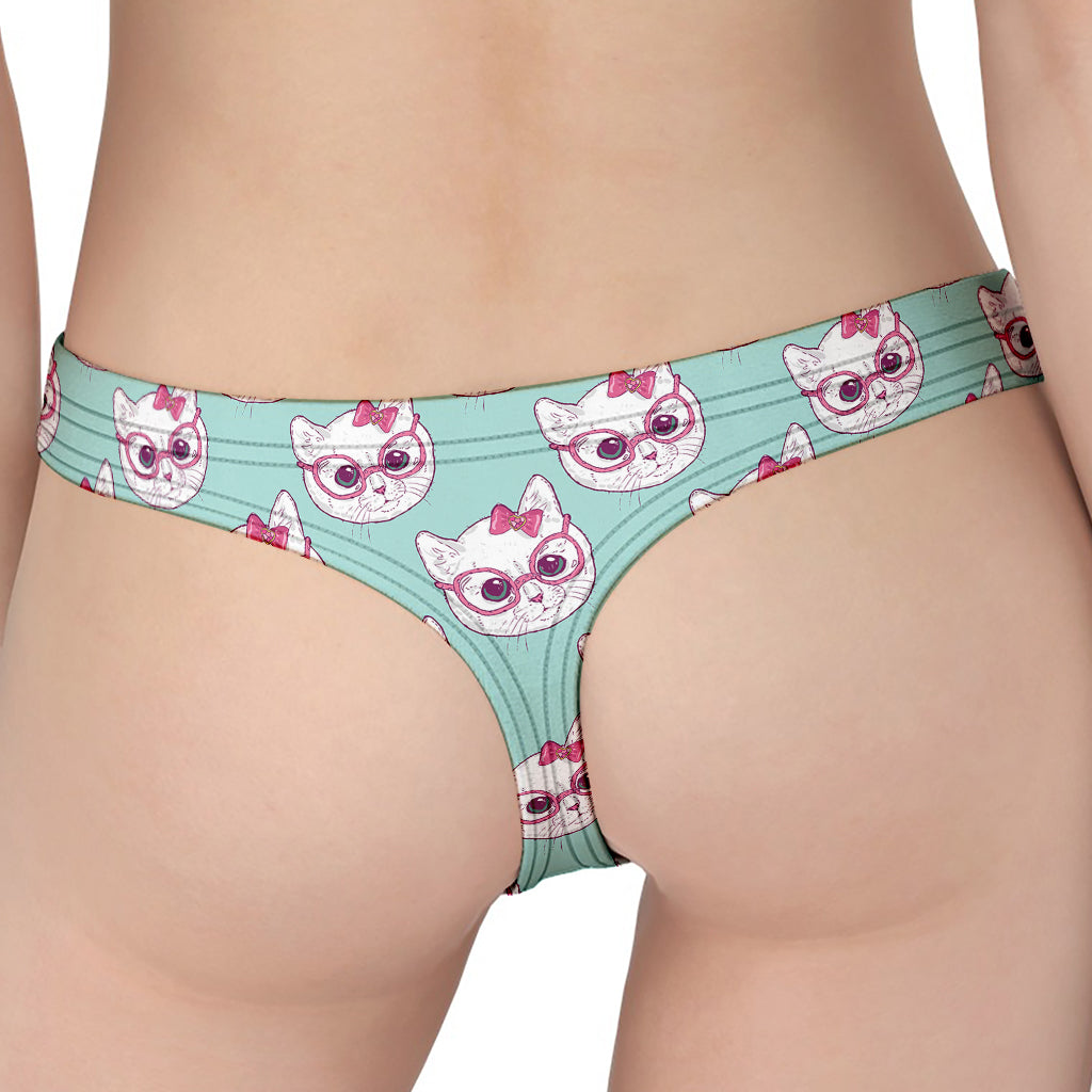 Girly Cat With Glasses Pattern Print Women's Thong