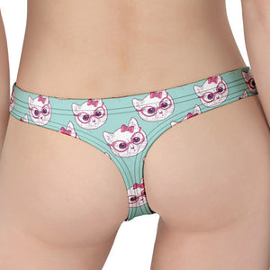 Girly Cat With Glasses Pattern Print Women's Thong